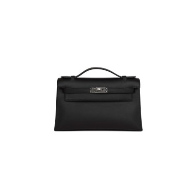 HERMES MASTER KELLY POCHETTE BLACK SWIFT PALLADIUM HARDWARE (22*14*7cm)