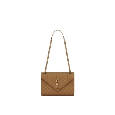 YSL ENVELOPE MEDIUM CHAIN BAG IN MIX MATELASS&amp;EACUTE; GRAIN DE POUDRE EMBOSSED LEATHER 600185BOW973334 (24*17.5*6cm)