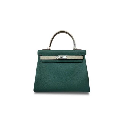 HERMÈS KELLY 25 TOGO COLOR MATCHING MALACHITE GREEN MILKSHAKE WHITE SILVER BUCKLE (25*17*7cm)