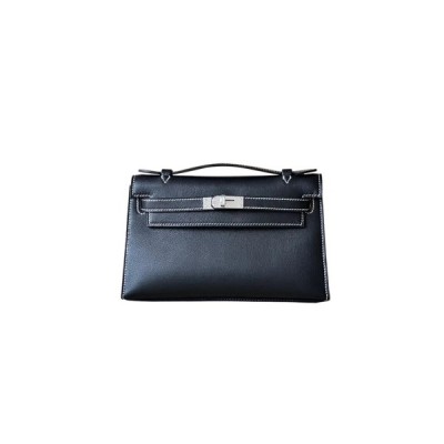 HERMÈS KELLY POCHETTE BLACK BOX SILVER BUCKLE (22*14*7cm)