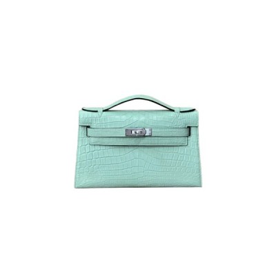 HERMÈS MASTER KELLY CLUTCH MINT GREEN SILVER BUCKLE (22*14*7cm)