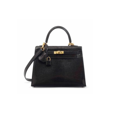 HERMÈS MASTER KELLY 25 BLACK LIZARD LEATHER GOLD BUCKLE (25*17*7cm)