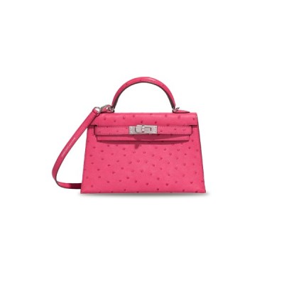 HERMÈS MASTER MINI KELLY II OSTRICH ROSE TYRIEN (19*12*5.5cm)