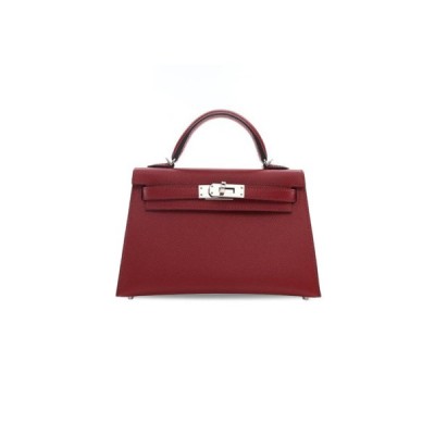 HERMÈS MINI KELLY II EPSOM BURGUNDY SILVER BUCKLE (19*12*5.5cm)
