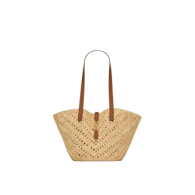 YSL PANIER SMALL IN RAFFIA AND VEGETABLE-TANNED LEATHER 751240GAADJ2080 (38*21*20cm)