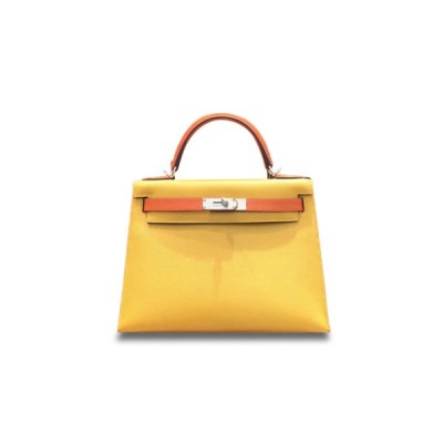 HERMÈS MASTER KELLY 28 EPSOM SUN YELLOW WITH ORANGE SILVER BUCKLE (28*22*10cm)