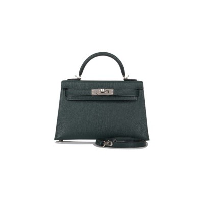HERMÈS SELLIER KELLY II CHEVRE LEATHER TITAN GREEN WITH NORTHERN BLUE INSIDE (19*12*5.5cm)