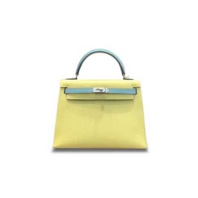 HERMÈS MASTER KELLY 28 EPSOM CHICK YELLOW AND MACARON BLUE SILVER BUCKLE (28*22*10cm)