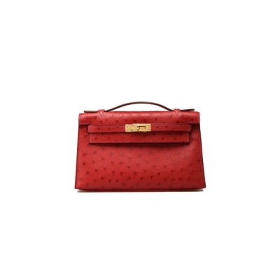 HERMÈS MASTER KELLY POCHETTE BAG ROUGE VIF RED OSTRICH CLUTCH GOLD HARDWARE (22*14*7cm)