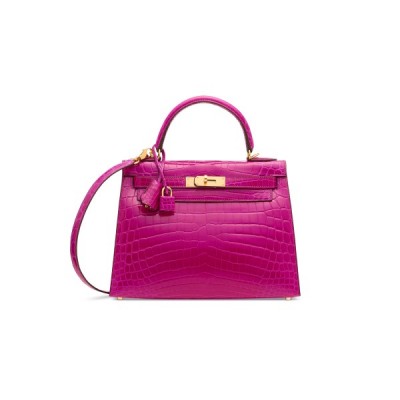 HERMÈS MASTER A SHINY ROSE SCHÉHÉRAZADE NILOTICUS CROCODILE SELLIER KELLY 28 WITH GOLD HARDWARE (28*22*10cm)