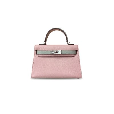 HERMÈS MINI KELLY II GOATSKIN, CHERRY BLOSSOM PINK AND PEARL GRAY, SILVER BUCKLE (19*12*5.5cm)