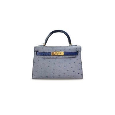 HERMÈS MASTER MINI KELLY II OSTRICH LEATHER, AGATE GRAY AND IRIS BLUE (19*12*5.5cm)