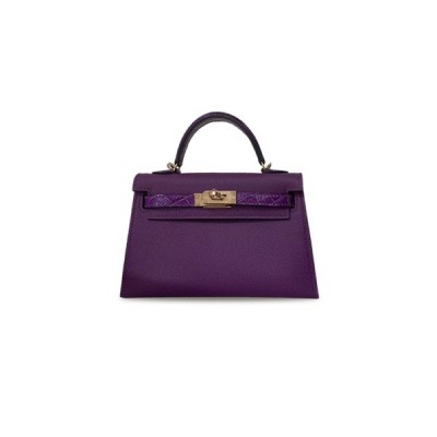 HERMÈS MINI KELLY II EPSOM LEATHER ANEMONE PURPLE AMERICAN ALLIGATOR CRYSTAL PURPLE GOLD BUCKLE HARDWARE (19*12*5.5cm)