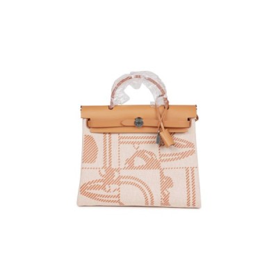 HERMES HERBAG ZIP PM 31 BRIDES DE GALA TOILE H BERLINE NATURAL SABLE PALLADIUM HARDWARE(30*27*11cm)