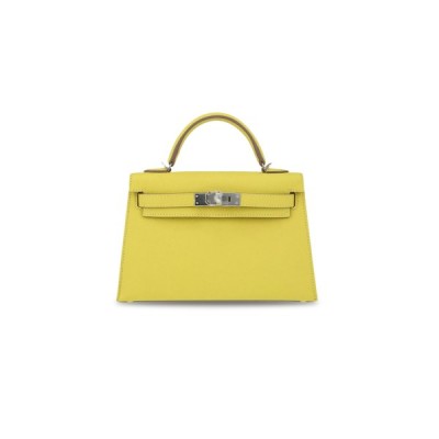 HERMÈS MINI KELLY II EPSOM LEMON YELLOW SILVER BUCKLE (19*12*5.5cm)