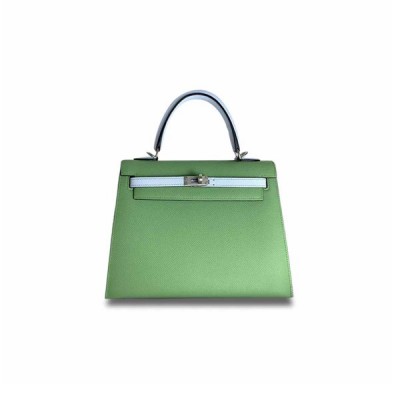 HERMÈS MASTER KELLY 25 EPSOM LEATHER AVOCADO GREEN AND HAZE BLUE SILVER BUCKLE (25*17*7cm)