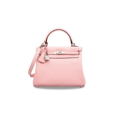 HERMÈS A ROSE SAKURA SWIFT LEATHER RETOURNÉ KELLY 25 WITH PALLADIUM HARDWARE (25*17*7cm)