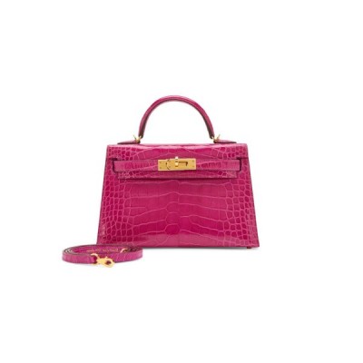 HERMÈS MASTER ROSE SCHEHERAZADE SHINY ALLIGATOR MINI KELLY II 20 SELLIER GOLD HARDWARE (19*12*5.5cm)